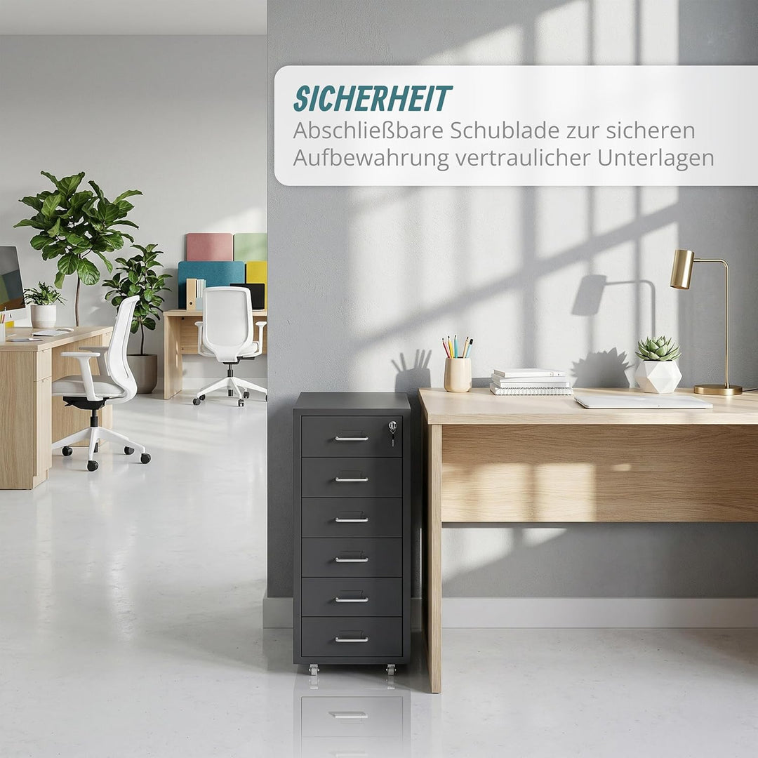 Relaxdays Rollcontainer, 6 Schubladen, HxBxT: 69 x 28 x 41 cm, abschliessbar, Aktenschrank auf Rolle