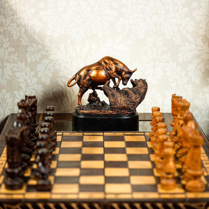 Bronze Electroplated Resin Bull & Bear Sculpture Statue 10" W X 9.5" H by BullMarketGifts, Bronze