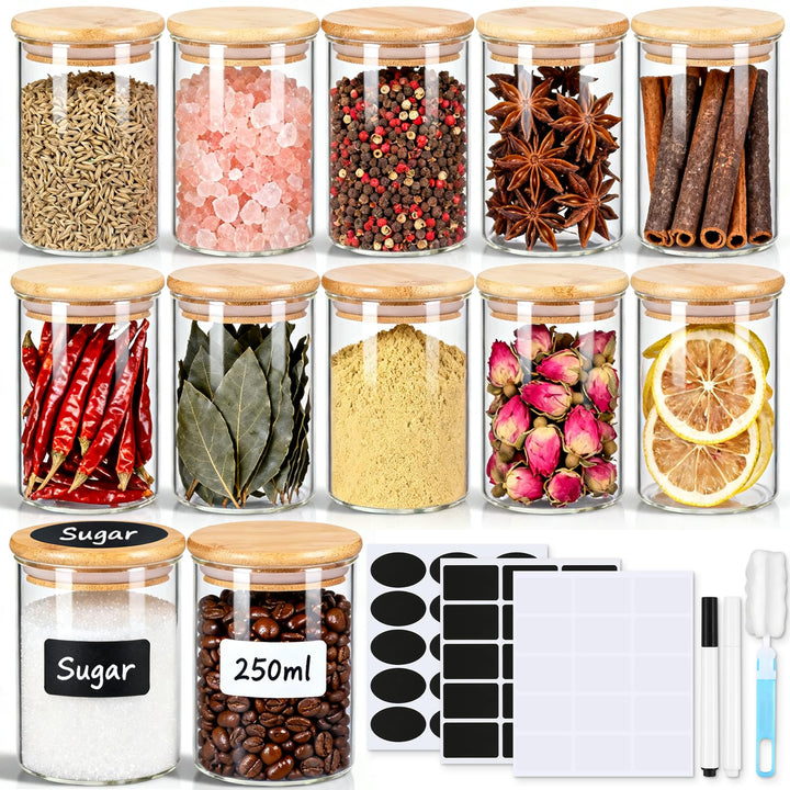 Gewürzgläser Gross, Gewürzgläser leer mit Etiketten 240 ml 12 Stück, Gewürzdosen rund mit Holzdeckel