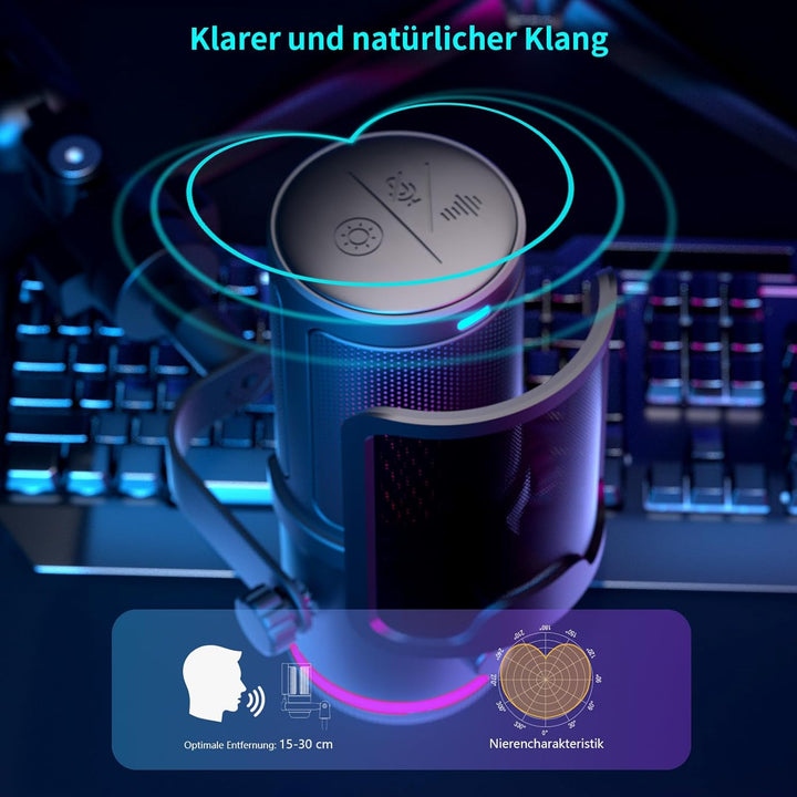K KASONIC RGB Mikrofon für Gaming mit Boom Arm, Home Studio Kondensatormikrofon für PC, 24bit 192kHz
