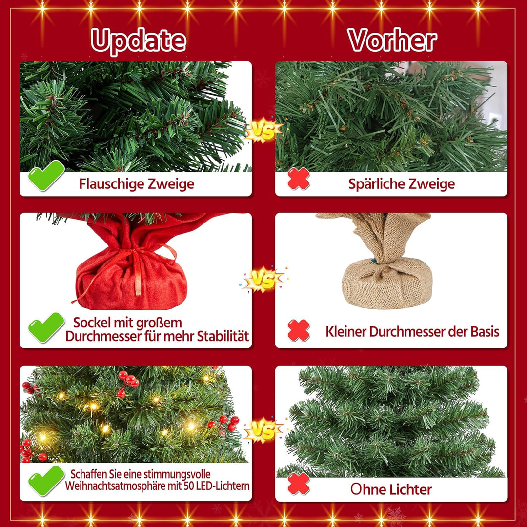 Yaheetech 90cm Mini Künstlicher Weihnachtsbaum mit 50 Warmweiss LED Beleuchtung & 60 Roten Beeren Kl
