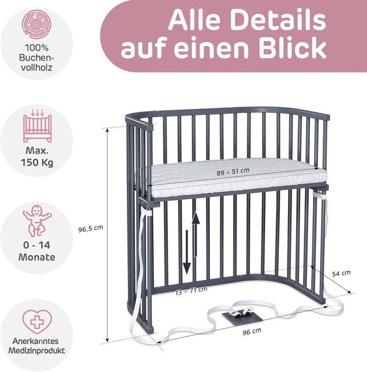 babybay Boxspring Beistellbett aus massivem Buchenholz / kompakt & verwandelbar / Kinderbett Höhe st