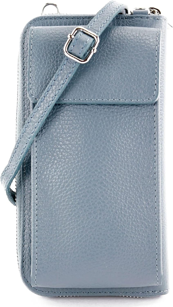 modamoda de - P06 - ital. Damen Umhängetasche Geldbörse Handytasche Leder Taubenblau, Taubenblau