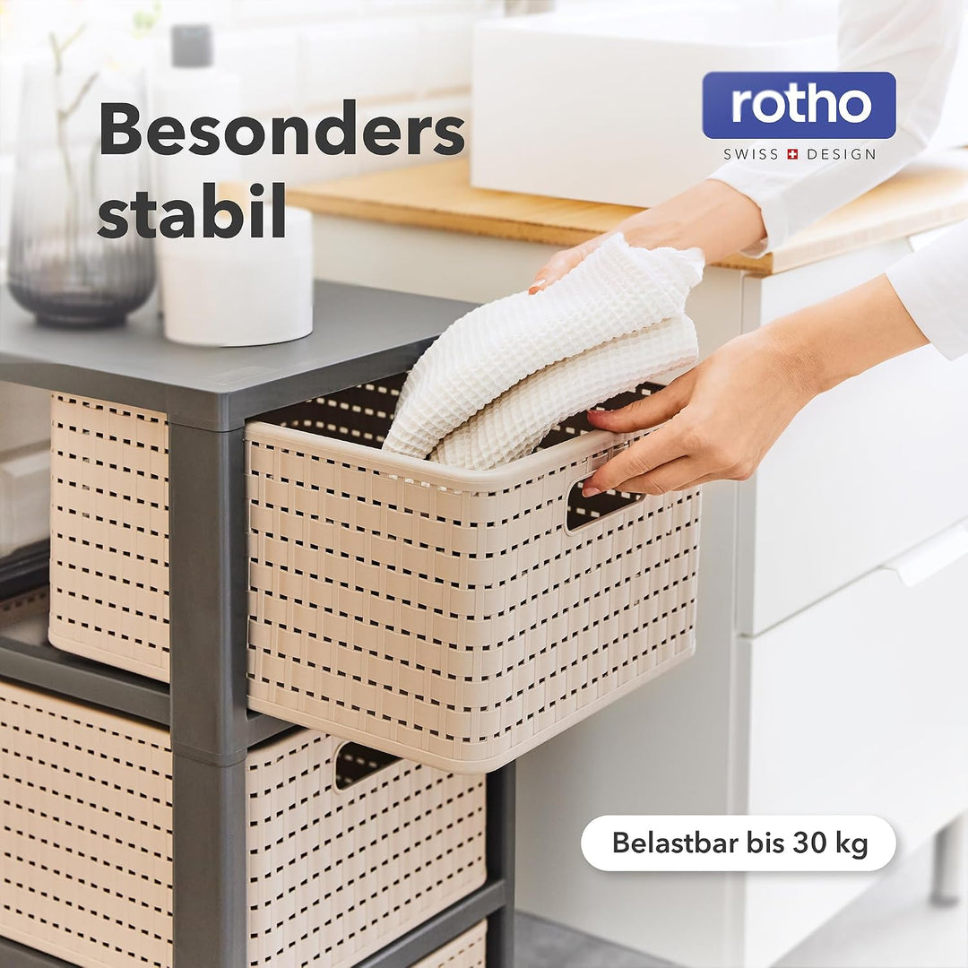 Rotho Country Rollcontainer mit 3 Schubladen in Rattan-Optik, Kunststoff (PP) BPA-frei, anthrazit, 3