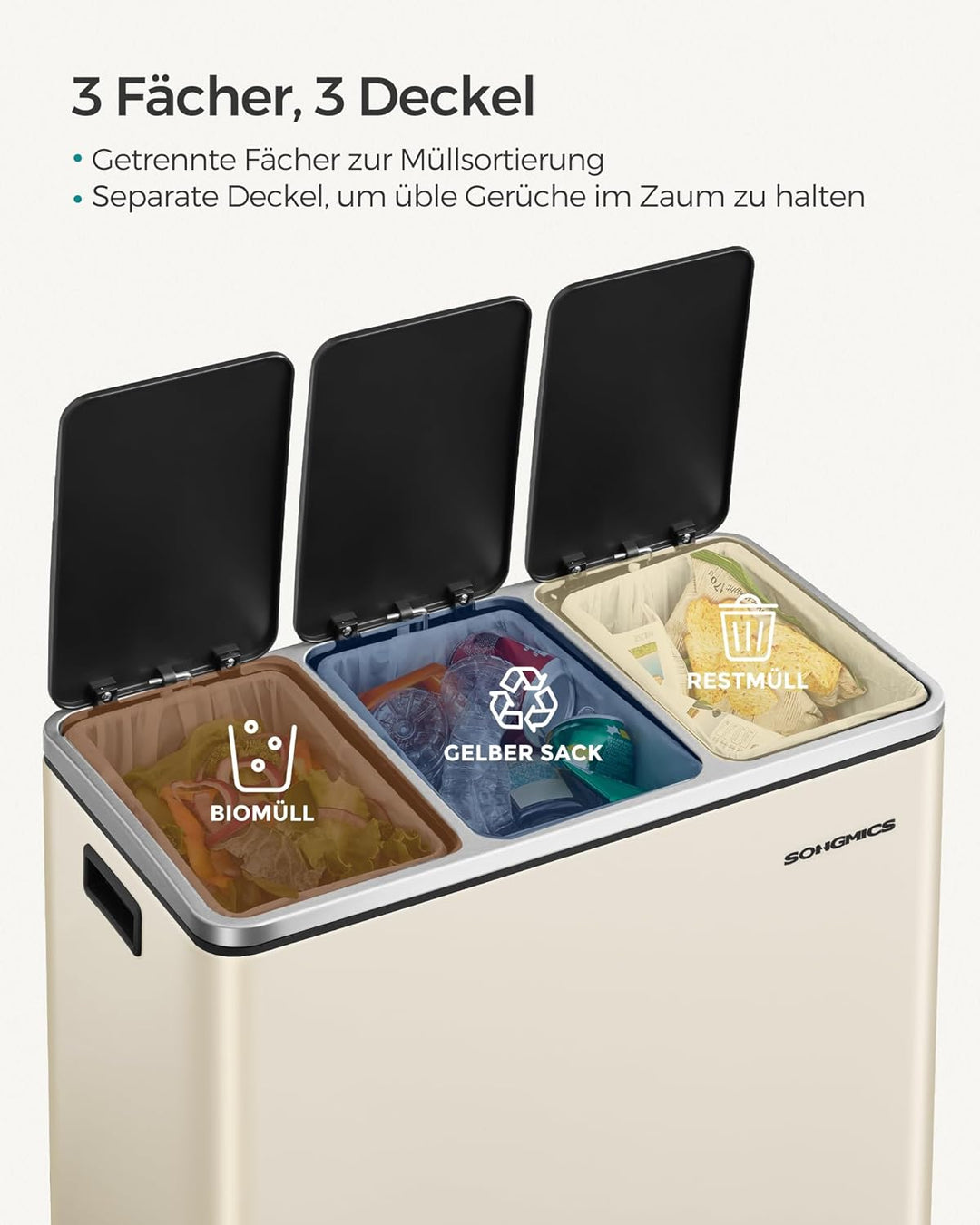 SONGMICS Mülleimer Küche, 3 x 18 L, Mülltrennsystem 3 Fächer, inklusive 15 Müllbeutel, Abfalleimer,