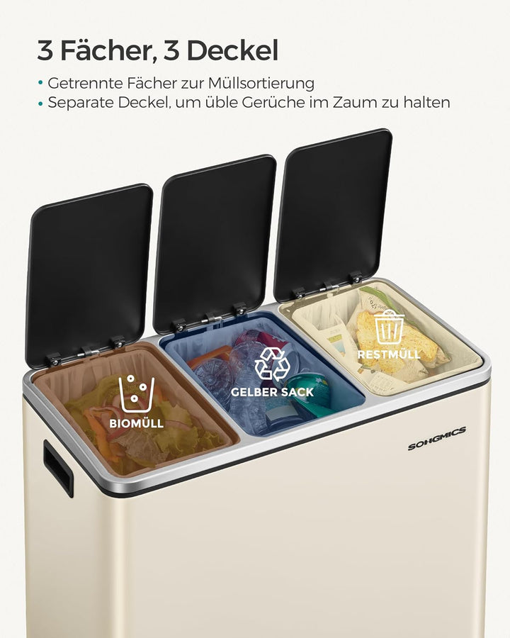SONGMICS Mülleimer Küche, 3 x 18 L, Mülltrennsystem 3 Fächer, inklusive 15 Müllbeutel, Abfalleimer,