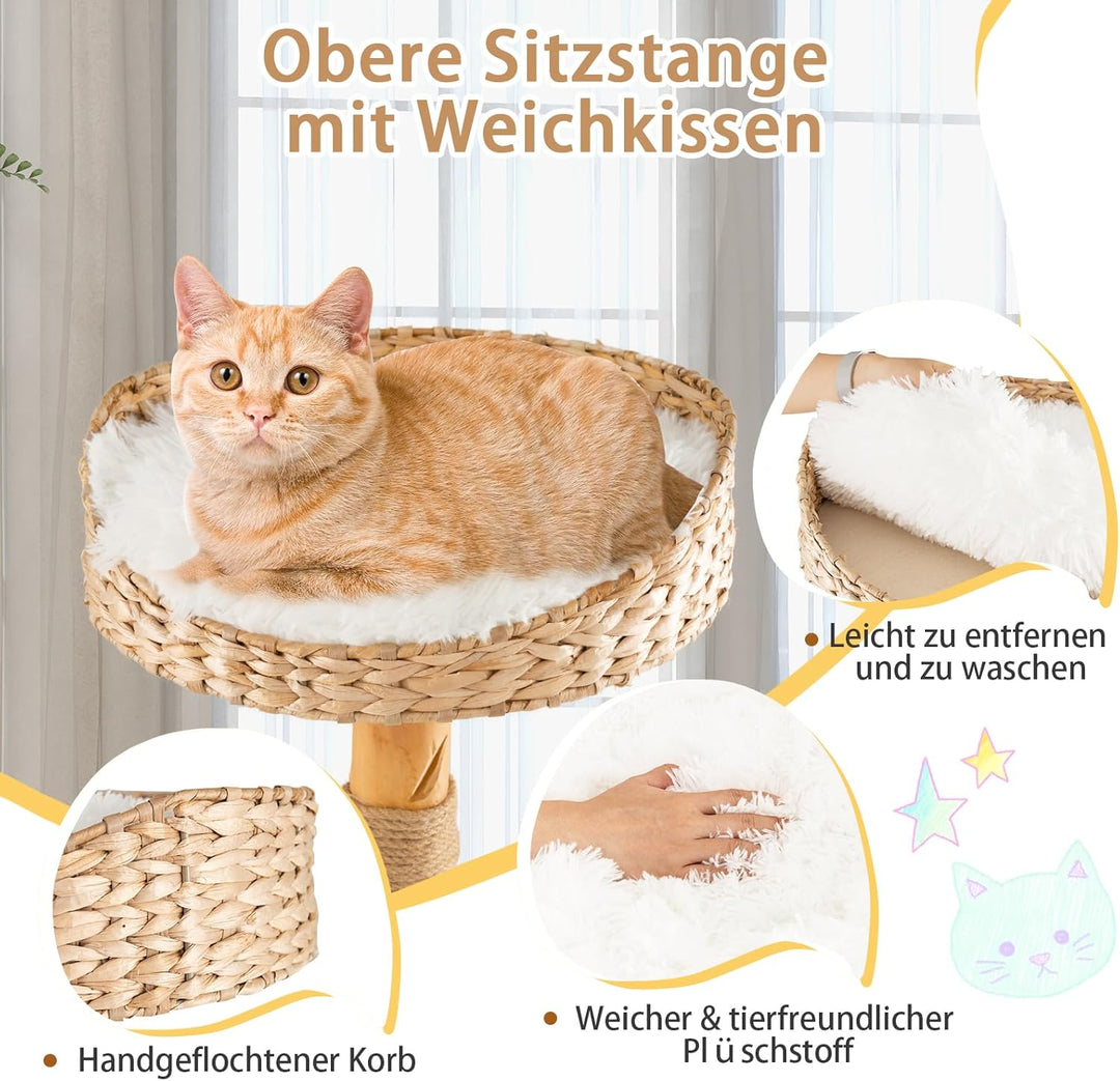 SOARS Kratzbaum Holz, Katzenbaum mit 3 natürlichen Birnbaumstämmen, Katzenhöhle & Plüschflächen, Kat