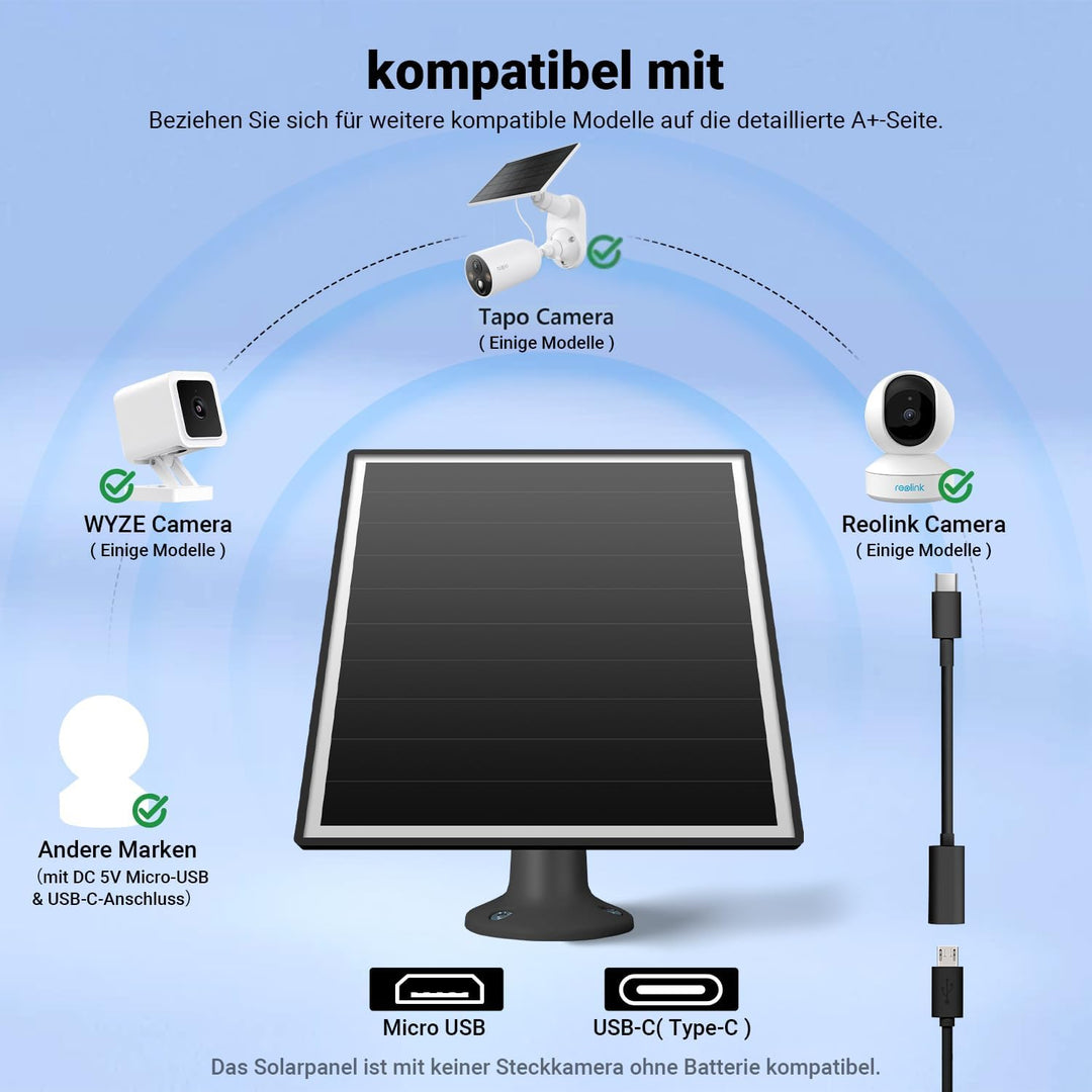 6W Solarpanel für draussen installierte Überwachungskameras mit Micro-USB- und USB-C-Anschluss, Sola