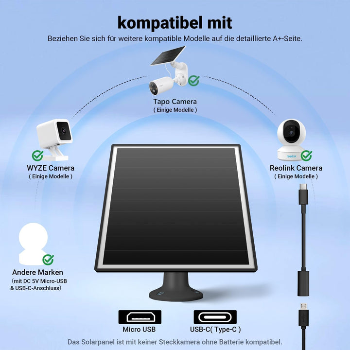 6W Solarpanel für draussen installierte Überwachungskameras mit Micro-USB- und USB-C-Anschluss, Sola