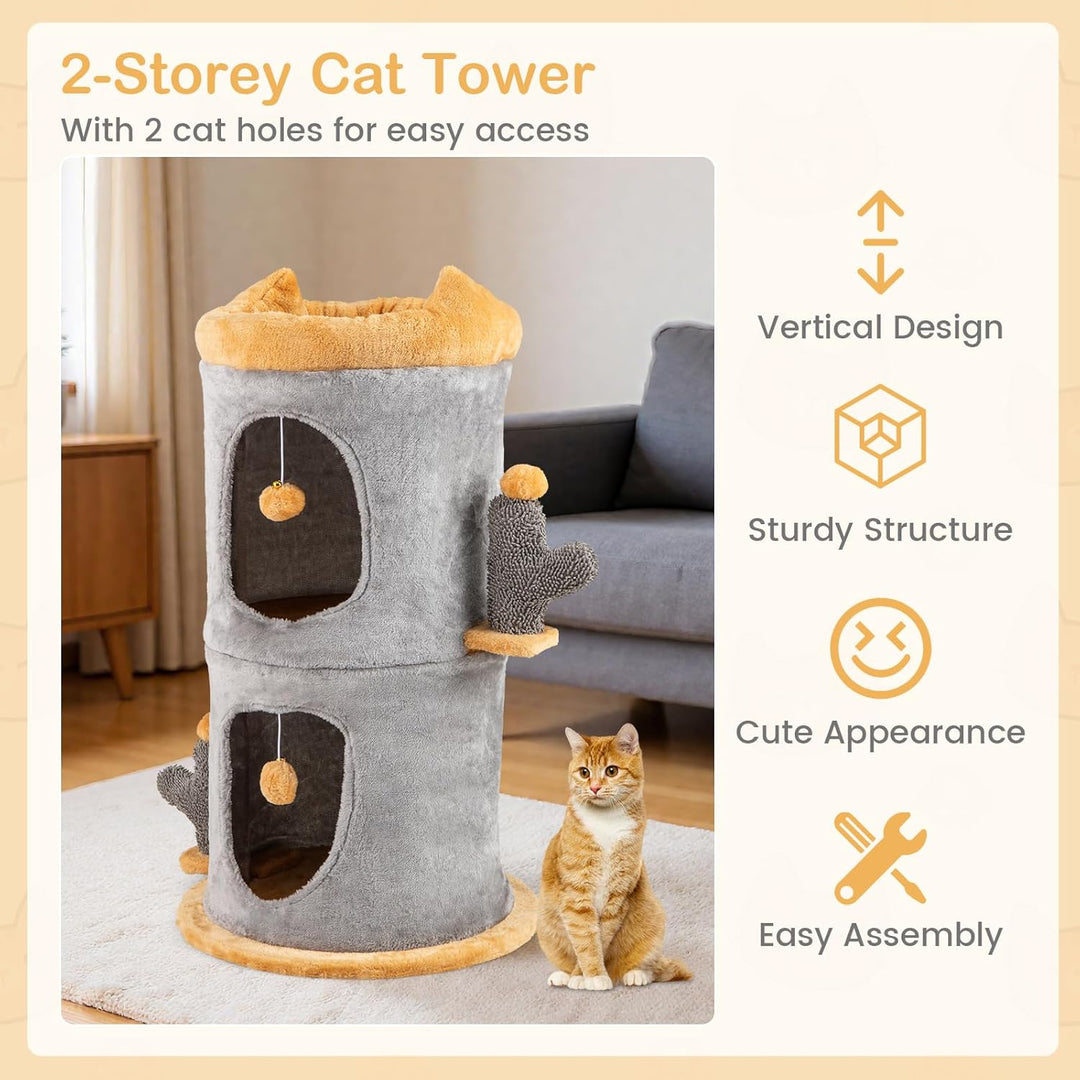 FANTASK Kratztonne Ø48 x 83 cm, Kaktus Kratzbaum mit 2 Katzenhöhlen, Spieltonne mit 2 Bällen & Pfost