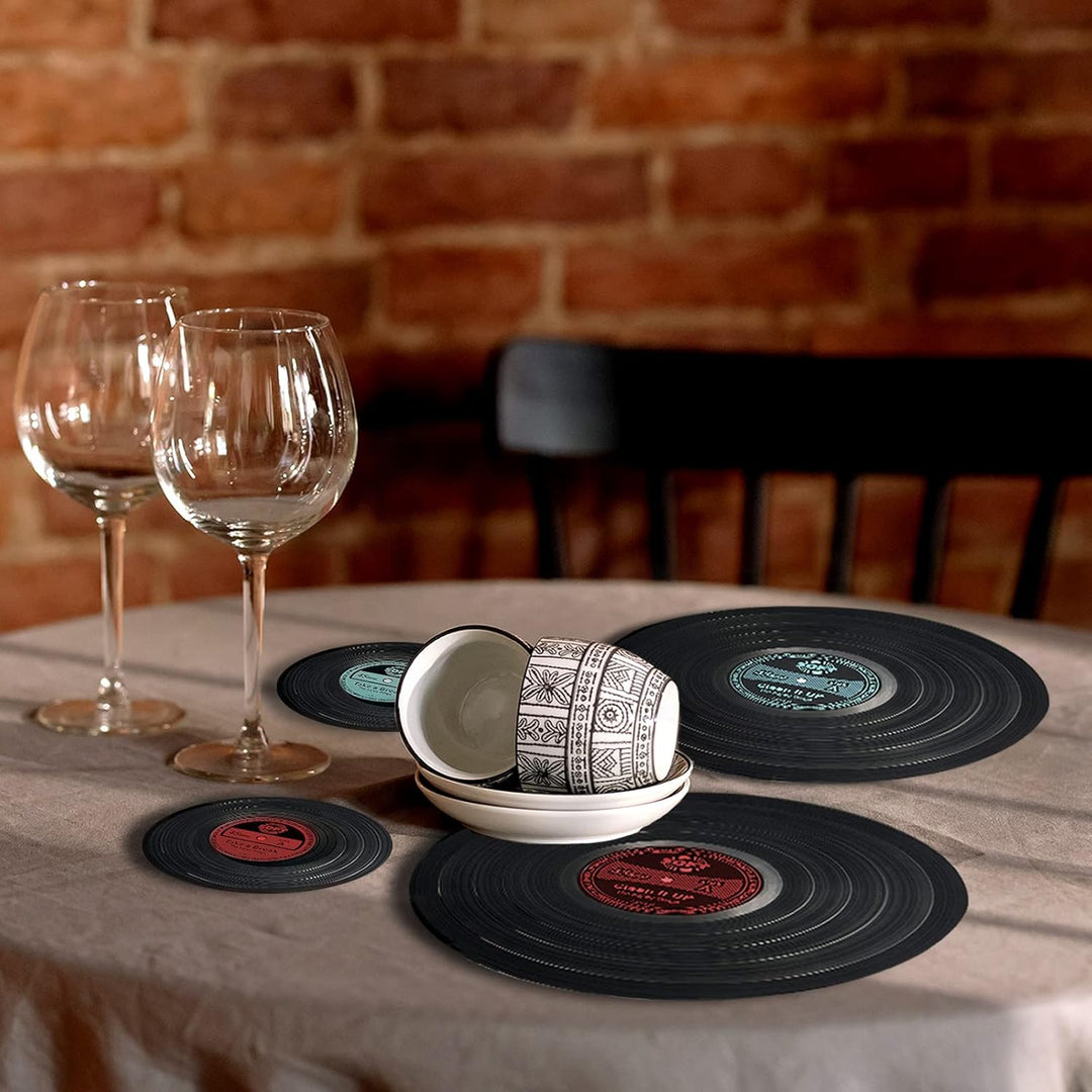 MEDOYOH 4er-Set Vinyl Schallplatte Tischsets und Untersetzer, Runde Vinyl Tischsets Tischmatten Unte