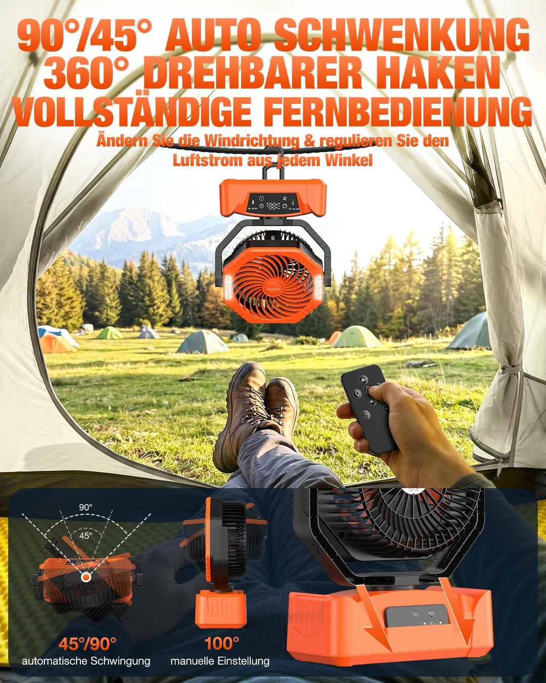 Camping Ventilator mit 24000mAh Akku Wiederaufladbar, HD Digitalanzeige |USB| LED-Licht| Timer, 6 Ge