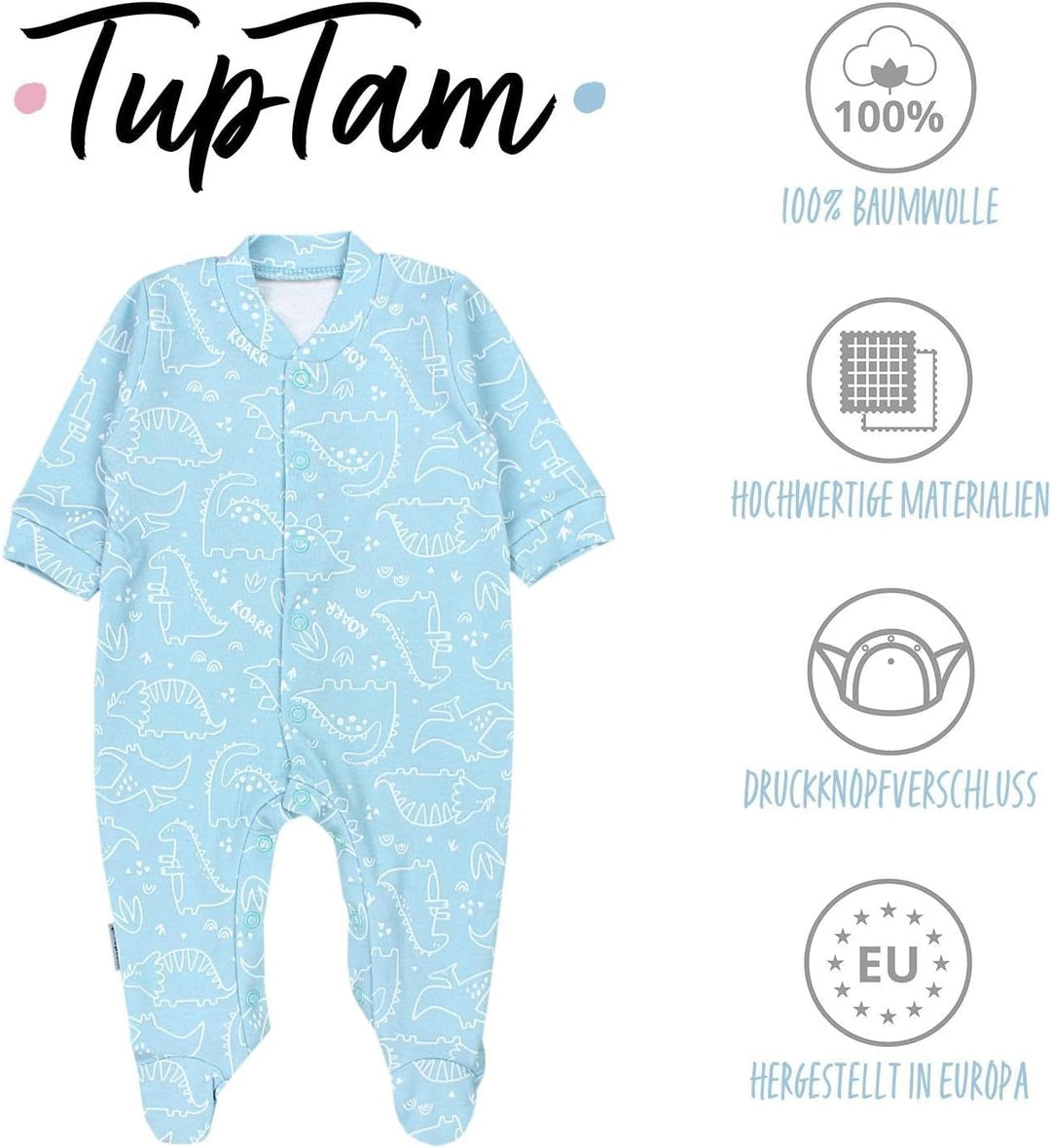 Baby Jungen Schlafstrampler Langarm Strampler Schlafanzug mit Fuss 3er Pack, 68 Dino Park Sterne Min