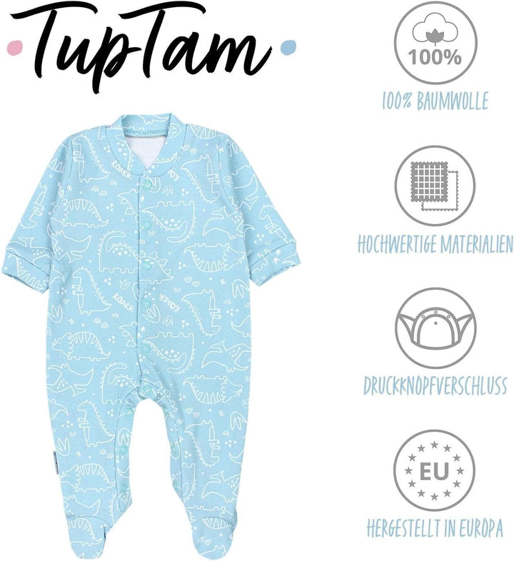 Baby Jungen Schlafstrampler Langarm Strampler Schlafanzug mit Fuss 3er Pack, 68 Dino Park Sterne Min