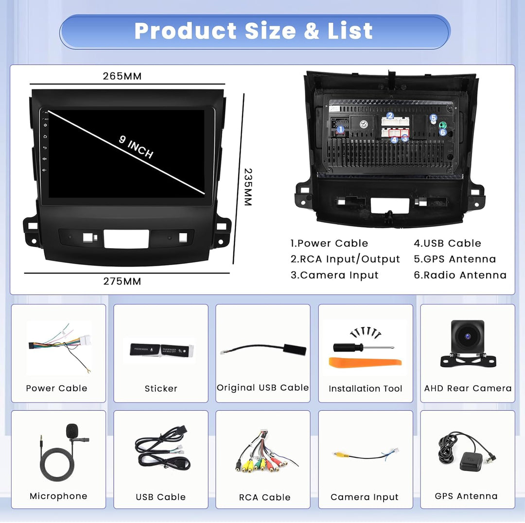 Hikity [8 Core 4+64GB] für Mitsubishi Outlander 2008-2015, 9" Bildschrim Auto Radio, Android 15 Auto