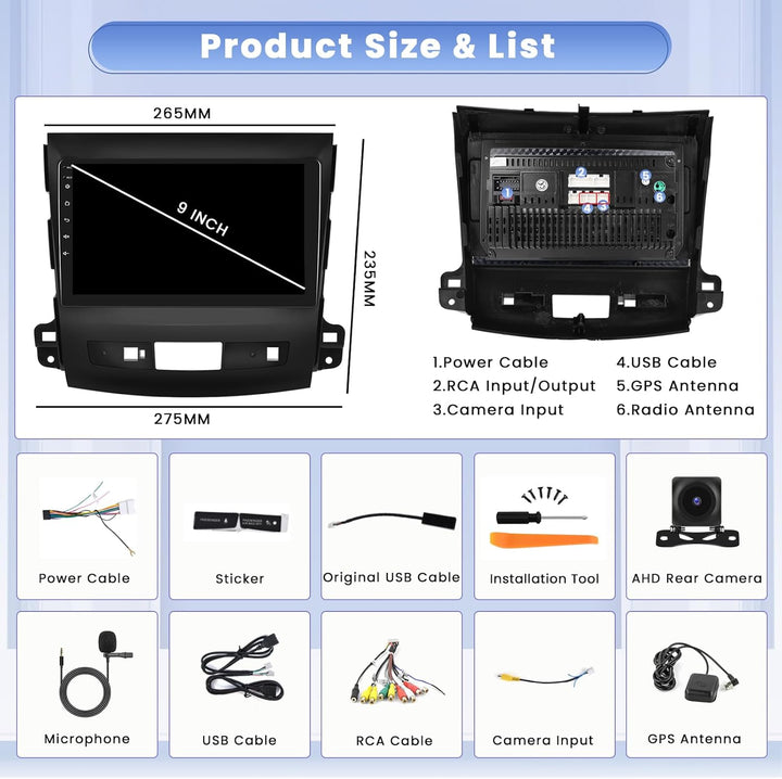 Hikity [8 Core 4+64GB] für Mitsubishi Outlander 2008-2015, 9" Bildschrim Auto Radio, Android 15 Auto