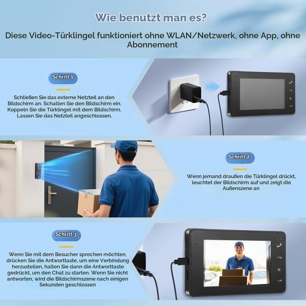 Türklingel mit Kamera, 1080P HD Drahtlose Video Türklingel, IP65 Wasserdicht, 4,3" IPS-Display inkl.