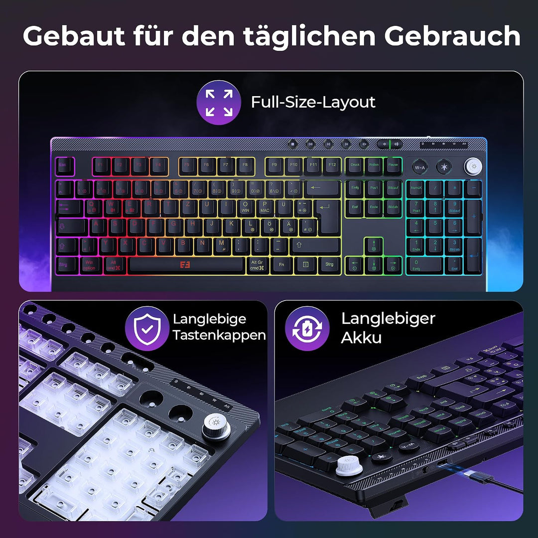 Beleuchtete Bluetooth Kabellose Tastatur mit Maus Set, QWERTZ, Schwarz | 3 Geräte Verbindung, webbas