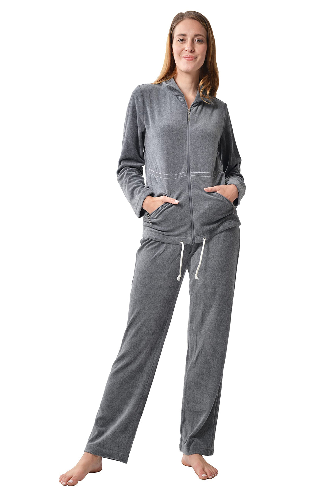 RAIKOU Damen Nicki Hausanzug mit Reissverschluss Velours Freizeitanzug Trainingsanzug 48-50 Grau Mel