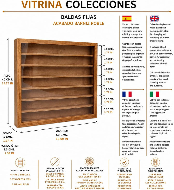 Vitrine Miniatur-Kollektionen, Finish Eiche, Masse (B/T/H): 50 x 5 x 40 cm. 50*5*40 cms, 50*5*40 cms