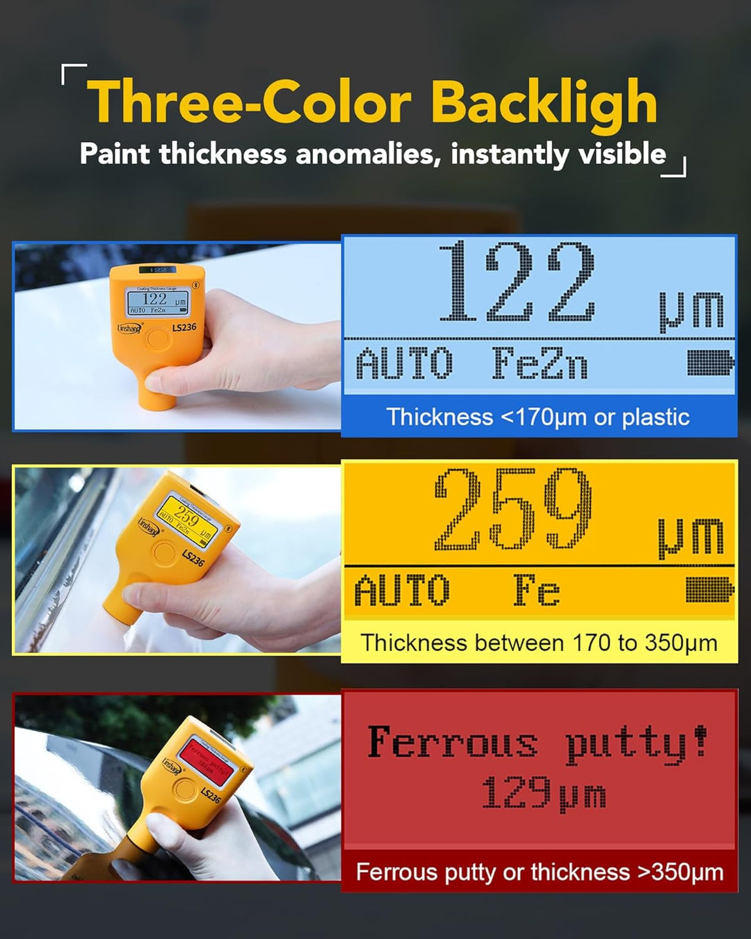 Coating Dikte Meting Lackmessgerät Auto LS-236, Dual-Display mit Leserotation 0,0-3500 μm, für Eisen