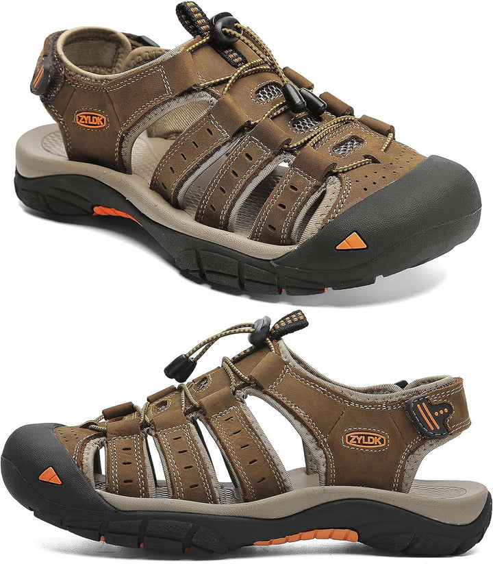 ZYLDK Herren Leder Sandalen Sport Outdoor Trekkingsandalen Atmungsaktive Leichte Wandersandalen Männ