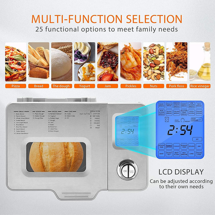 Meykey Brotbackautomat mit 25 Backprogrammen, 13-Stunden-Timer, Edelstahl, 550 W
