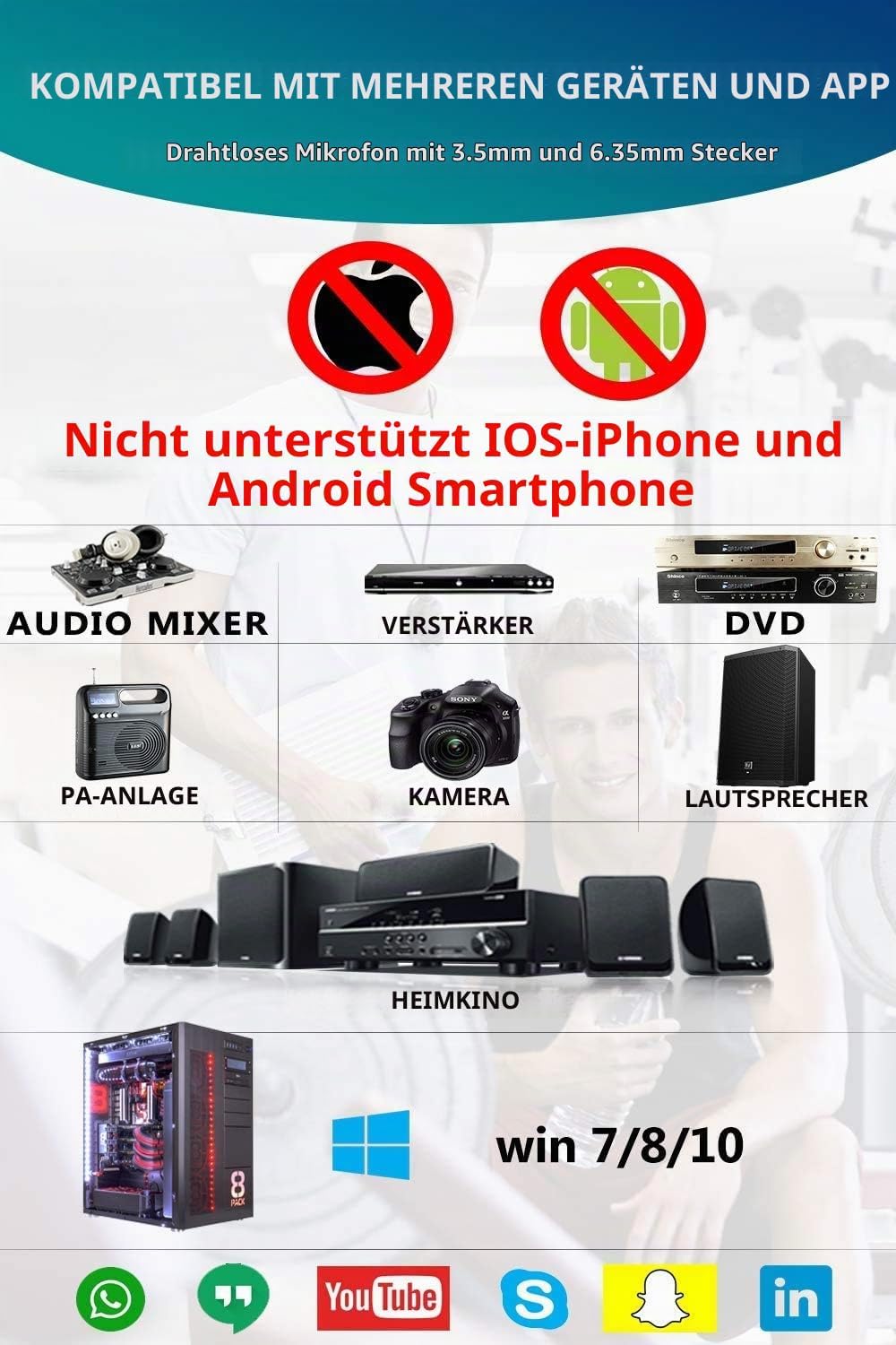 2in1 UHF drahtlos Headset Mikrofon wiederaufladbar 50M 6,35mm&amp; 3,5mm Stecker kabellos Mikrofon für S