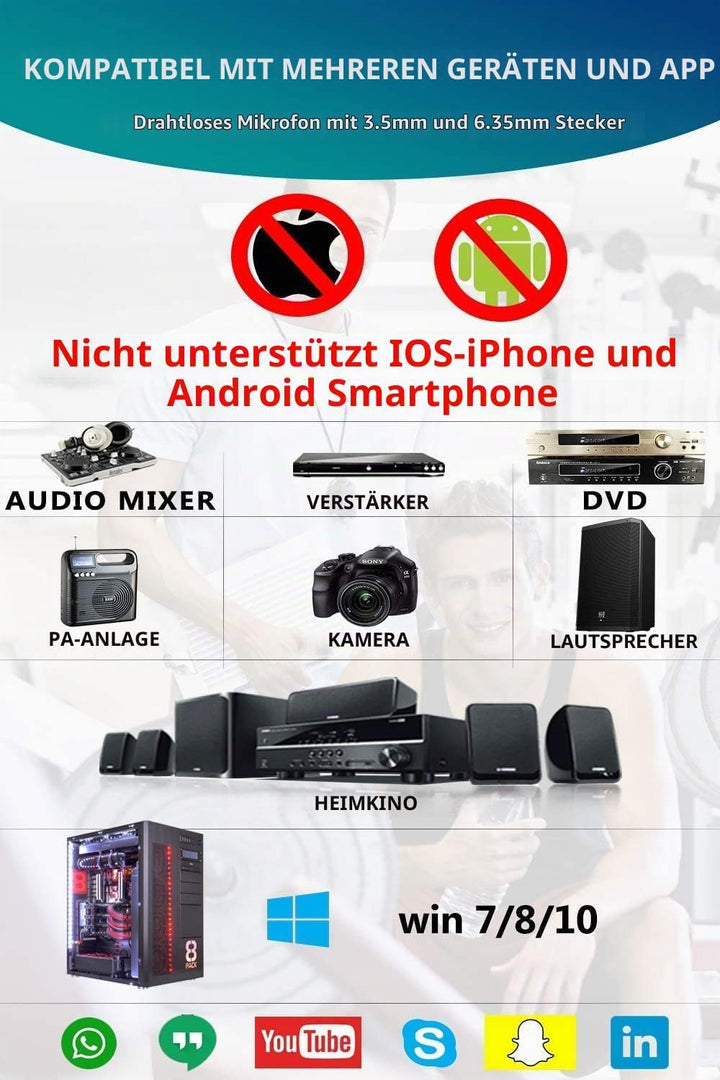 2in1 UHF drahtlos Headset Mikrofon wiederaufladbar 50M 6,35mm&amp; 3,5mm Stecker kabellos Mikrofon für S