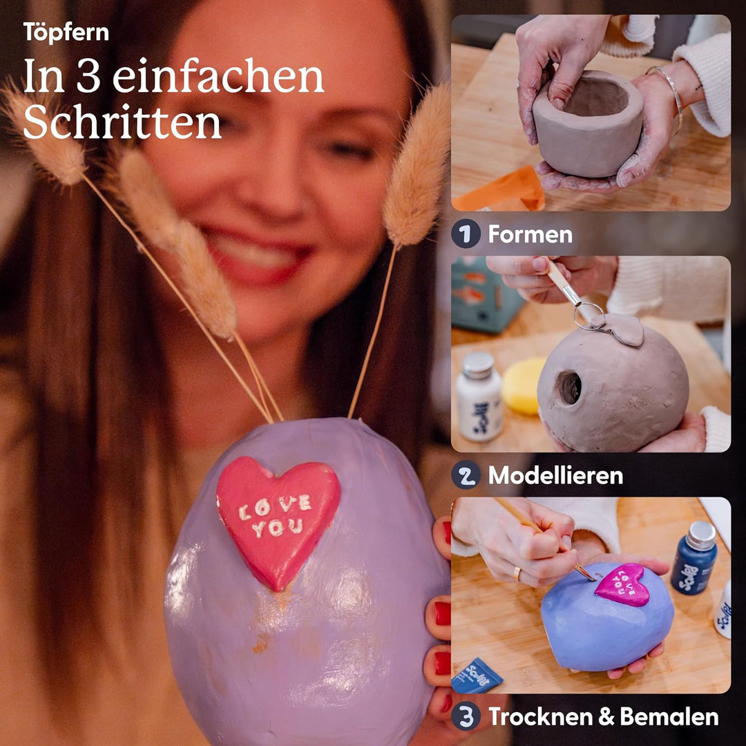 Sculpd Pottery Starter Kit – Komplettes Anfängerset aus luftgetrocknetem Ton + Malen für 2 Erwachsen