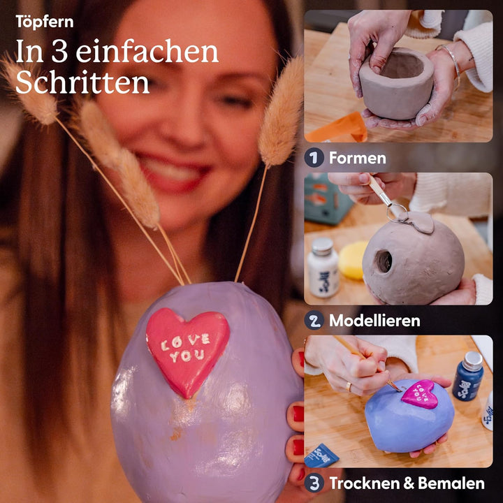 Sculpd Pottery Starter Kit – Komplettes Anfängerset aus luftgetrocknetem Ton + Malen für 2 Erwachsen