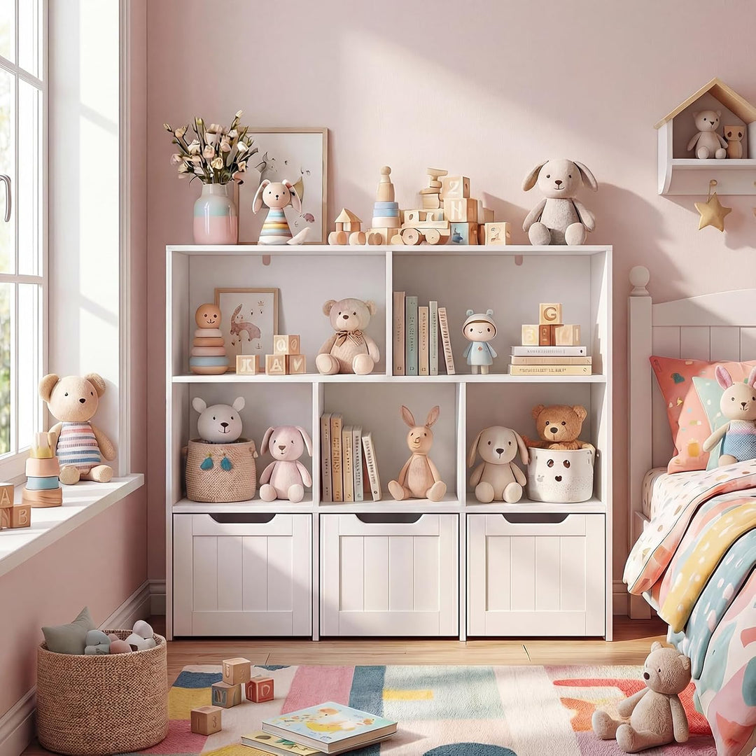 COSTWAY Kinderregal mit Boxen auf Rollen, Bücherregal Kinder mit 5 Fächern &amp; 3 Schubladen, Spielzeug