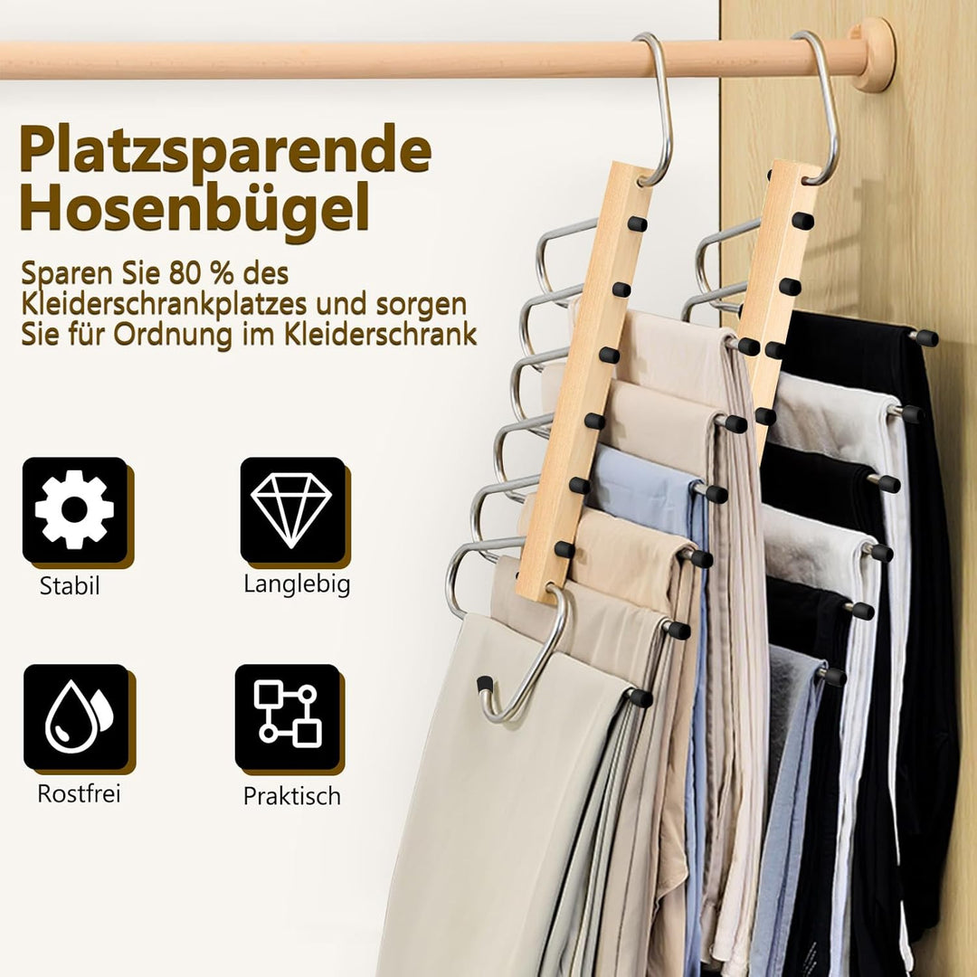 YUNLEX 2 Stück 6 in 1 Holz Hosenbügel Platzsparend | Rutschfeste Magische Kleiderbügel, Faltbare Hos