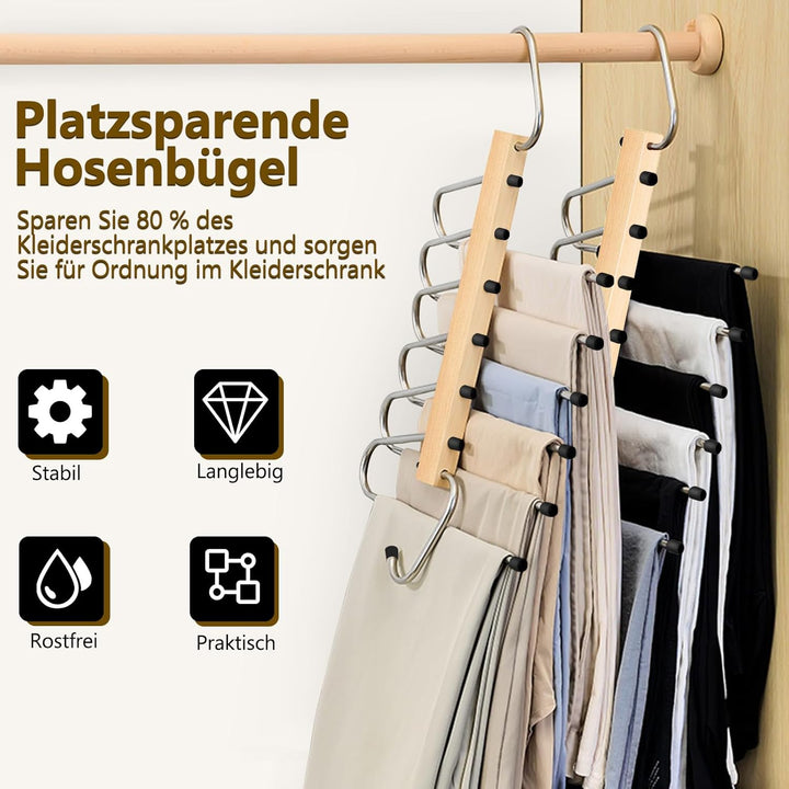 YUNLEX 2 Stück 6 in 1 Holz Hosenbügel Platzsparend | Rutschfeste Magische Kleiderbügel, Faltbare Hos