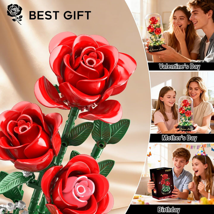 Rosen Blumenstrauss Bauset mit LED Licht – 3,6 MM Rosenstrauss mit Abdeckung Valentinstagsgeschenk f
