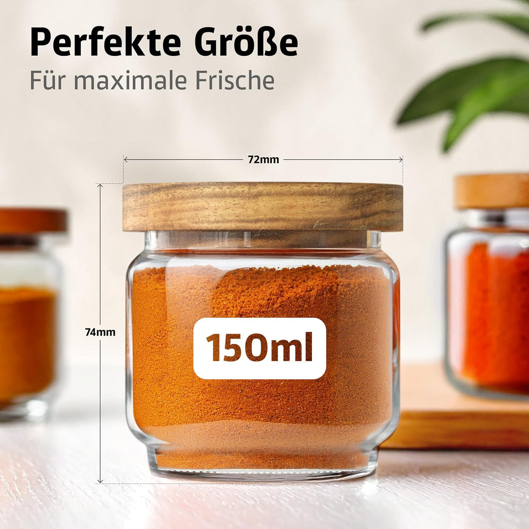ElbFuchs® Gewürzgläser Set NEU | 6x 150ml [ LUFTDICHT & BPA-FREI ] Gewürzgläser rund mit Holzdeckel