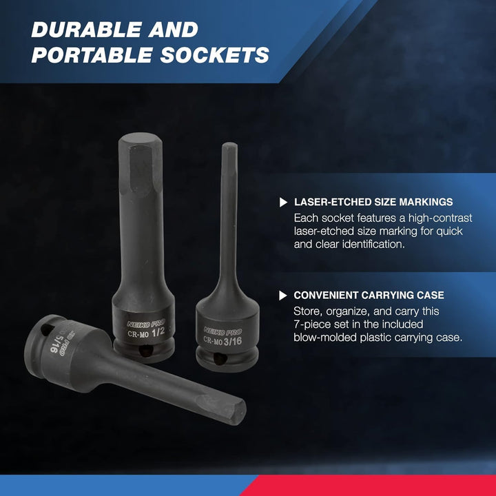 NEIKO 01131B 3/8 Zoll Innensechskant-Set, 3 Zoll Länge, 3/8 Zoll Schlag Sechskant-Bit Steckschlüssel