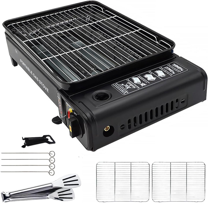 Camping Grill Set - Tragbarer Grill mit Grill, Grillpfanne, Grillpfannen-Clip - Tragbare Campingpfan