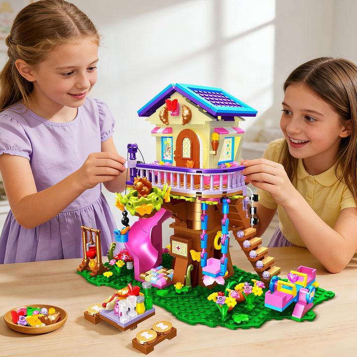 CUBIMANA Baumhaus-Bauspielzeug mit LED-Lichtern – 618 Teile Baumhaus-Baustein-Spielzeug, Wald-Hochha