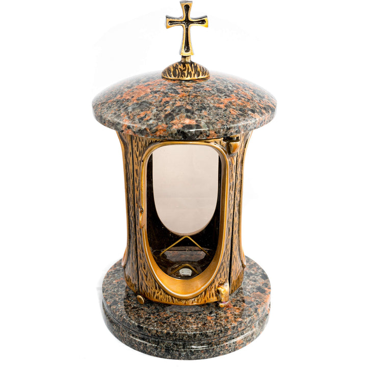 Stilvolle Grablaterne Elégant mit Kreuz Granit Aurora Finnland Höhe 27 cm/Ø 15 cm Grableuchte Grabli