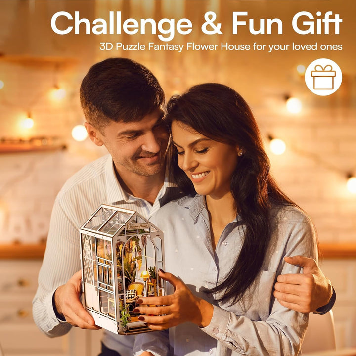 ROBOTIME DIY Book Nook Kit Gartenhaus mit Möbeln und LED Lampe, 3D Puzzle Booknook Miniatur Haus Mod