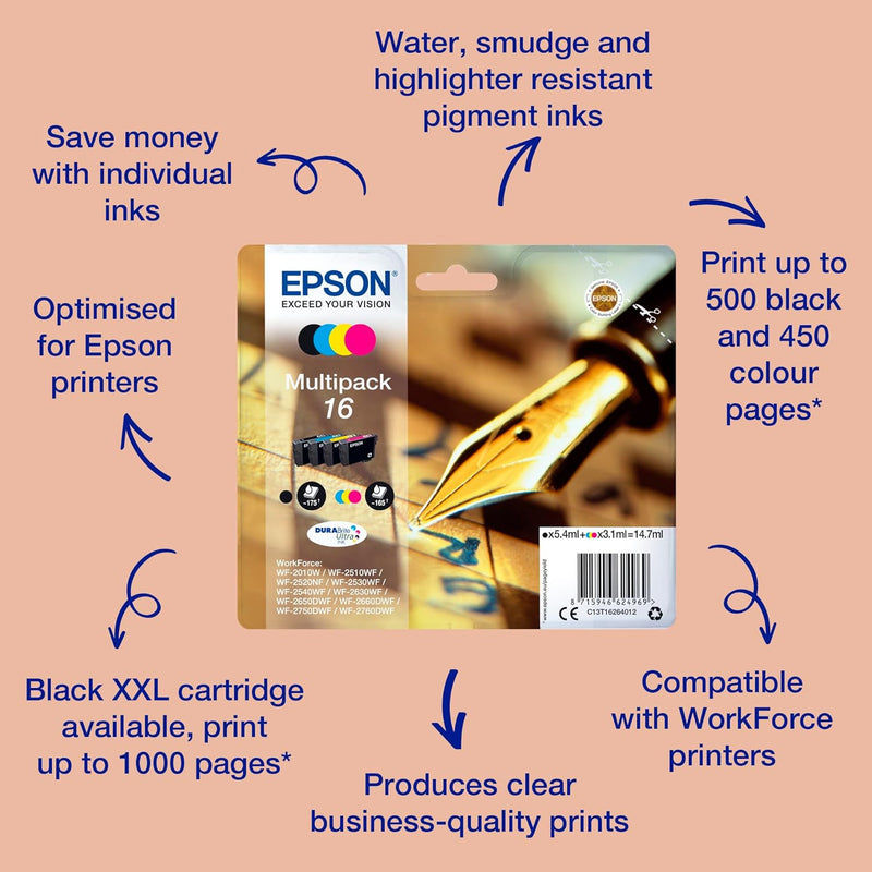 Epson Original 16 Tinte Füller (WF-2630WF, WF-2650DWF, WF-2660DWF, WF-2750DWF, WF-2760DWF), Multipac