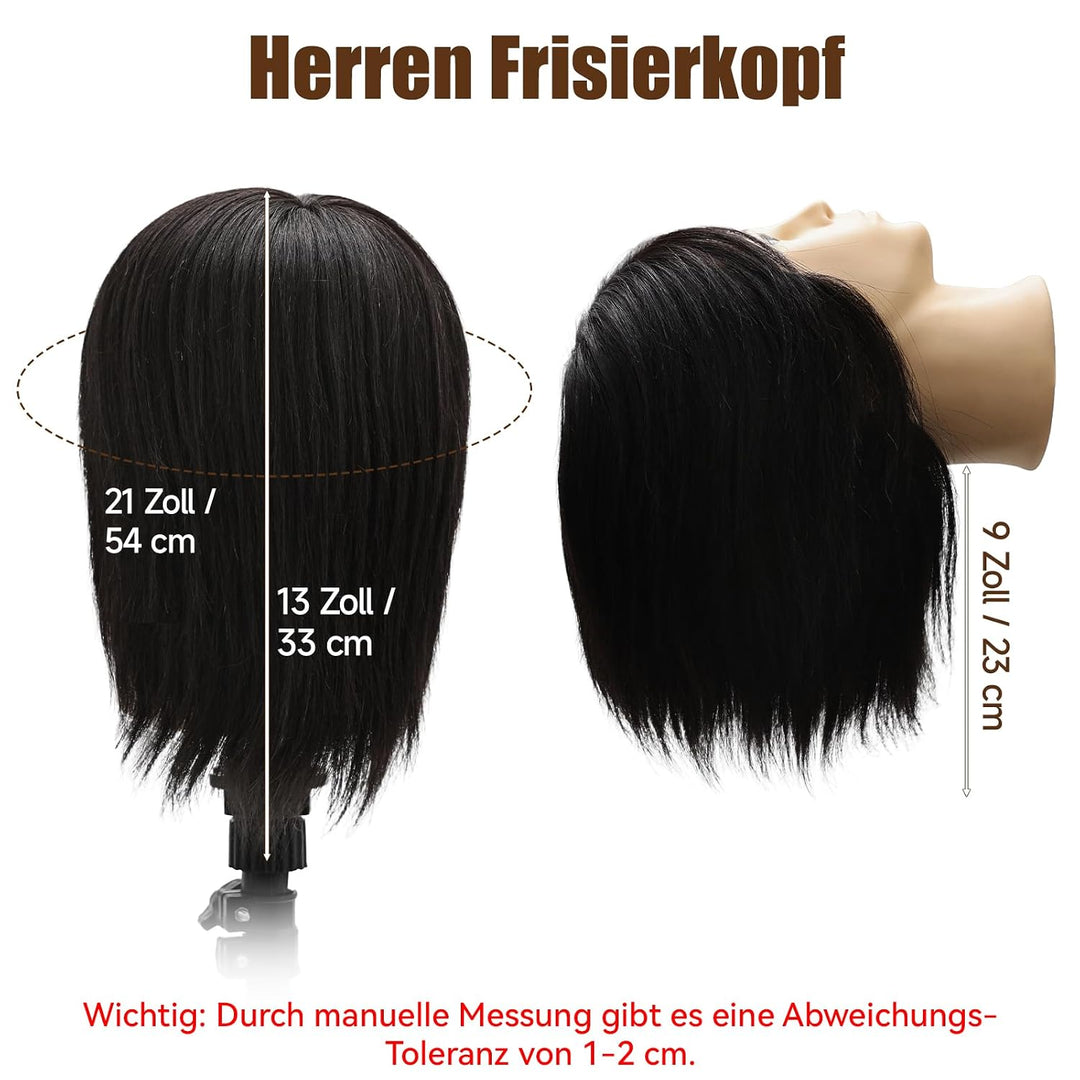 TwoWin 13 Zoll (33 cm) Frisierkopf Echthaar, Mann Friseurkopf Übungskopf 100% echthaar, Trainingskop