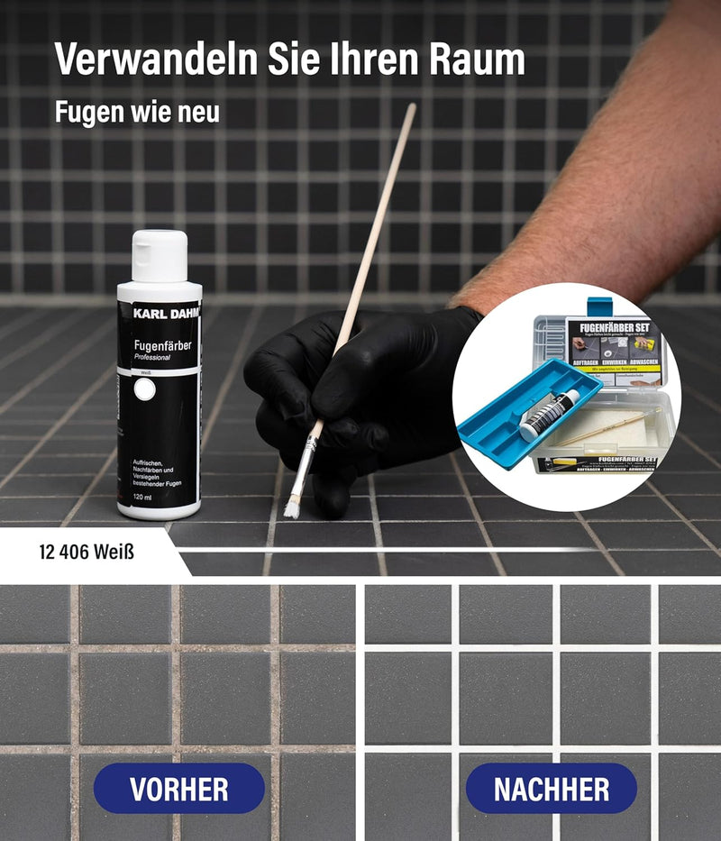 Karl Dahm – Fugenfärber-Set Weiss im Koffer I Fugenreparatur-Set mit Fugenfärber 120 ml (Fugenfarbe