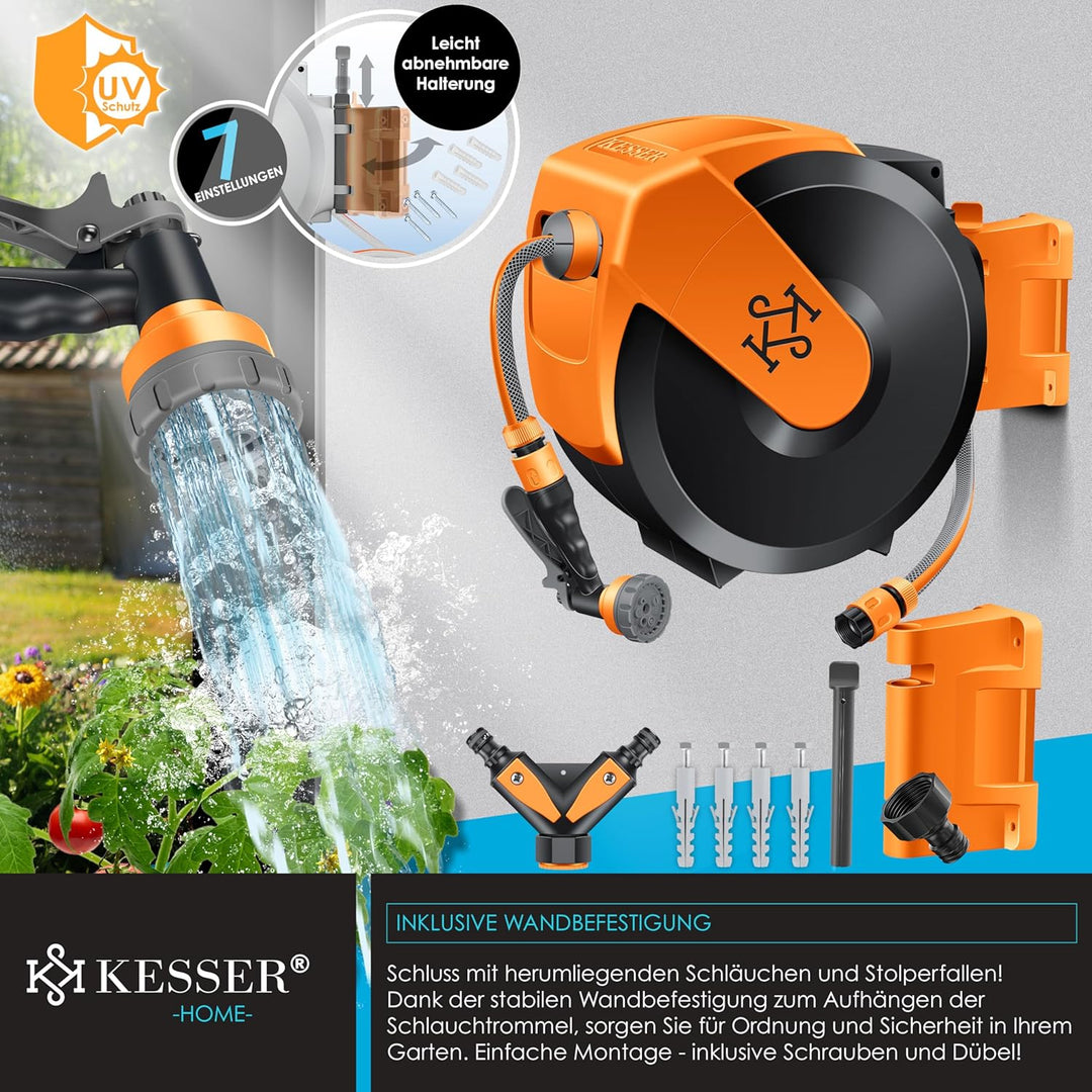 KESSER® Schlauchtrommel mit Gartenschlauch 25m | Wasserschlauchtrommel zur Wandmontage | Wandhalteru