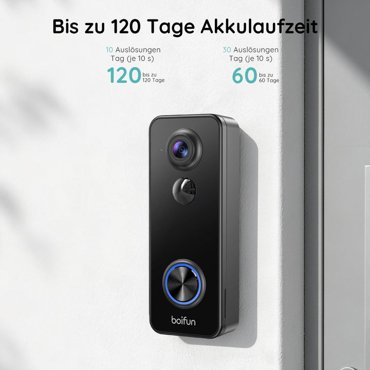 BOIFUN 2K WLAN Video Türklingel mit Kamera, funkklingel mit Kamera, 180° Ultrabreiten Sichtfeld, 2-W