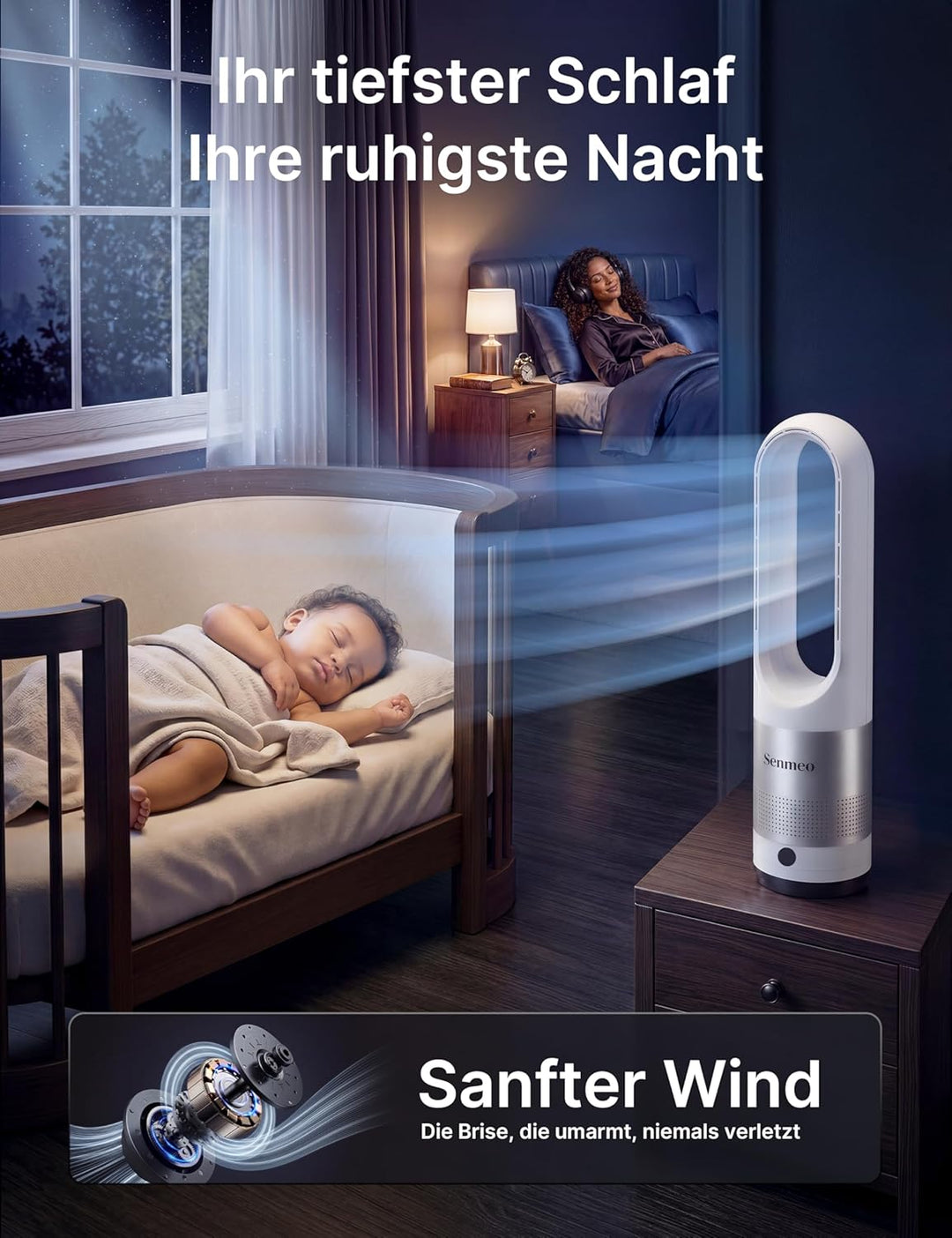 Rotorloser Turmventilator 55 cm | Fernbedienung, 90° Oszillation, 8 Geschwindigkeiten, 9H Timer, LED