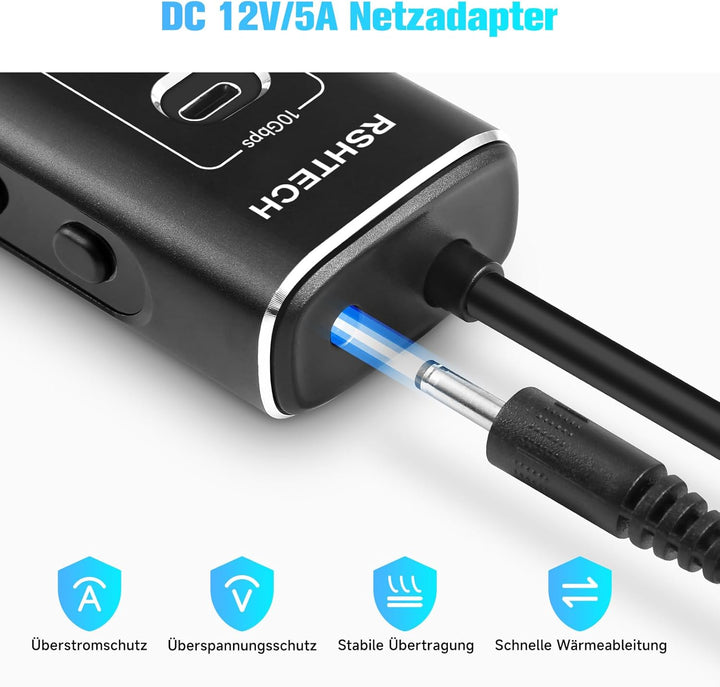 RSHTECH Aluminum 10-Port USB C 3.0/3.2 Hub Aktiv mit Netzteil, 3 * 10Gbps USB 3.2 (2*Typ-C, 1*Typ-A)