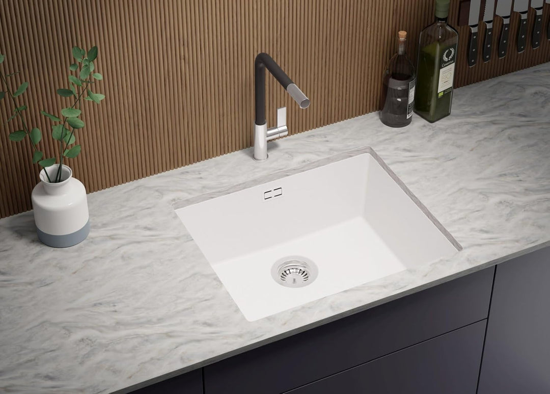 Unterbauspüle Weiss 56 x 47 cm, Granitspüle + Siphon Klassisch + Küchenarmatur, Spülbecken ab 60er U