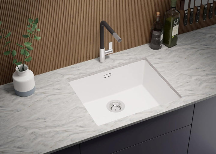 Unterbauspüle Weiss 56 x 47 cm, Granitspüle + Siphon Klassisch + Küchenarmatur, Spülbecken ab 60er U